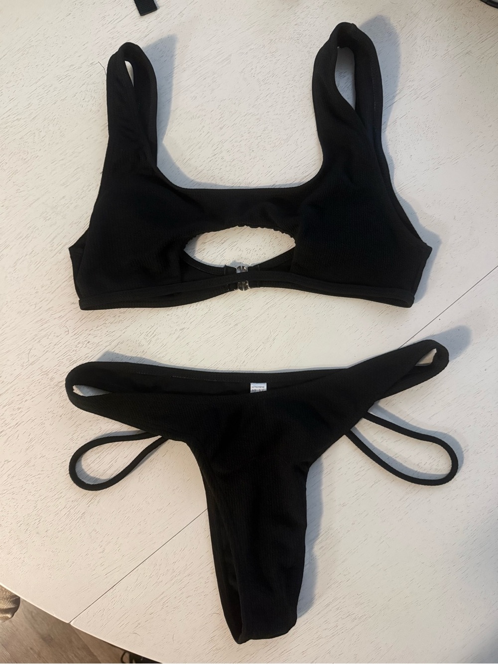 Black Ribbed Cutout Bikini Set - Women's Swim